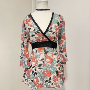 Monsoon Multicolor Floral Wrap Blouse with Black Accents